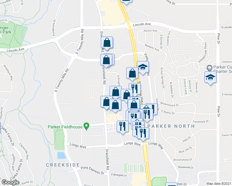 map of restaurants, bars, coffee shops, grocery stores, and more near 10311 South Progress Way in Parker