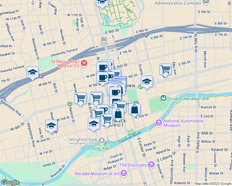 map of restaurants, bars, coffee shops, grocery stores, and more near 1 West 4th Street in Reno