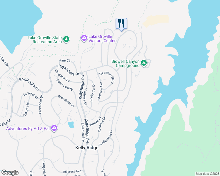map of restaurants, bars, coffee shops, grocery stores, and more near 5470 Royal Oaks Drive in Oroville