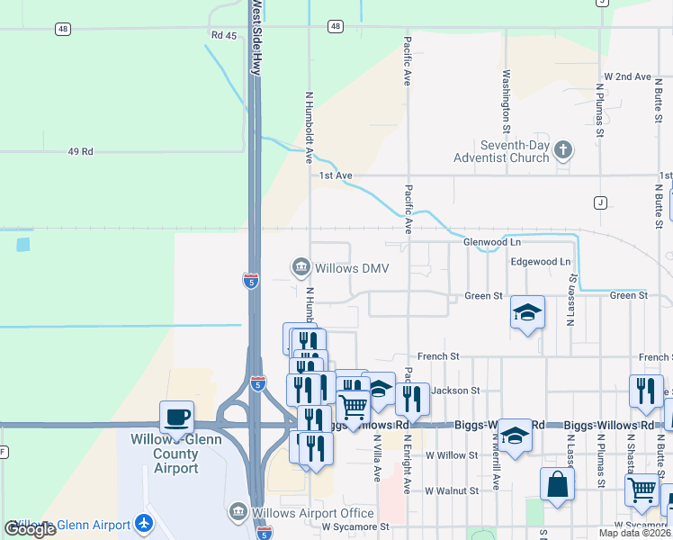 map of restaurants, bars, coffee shops, grocery stores, and more near 1230 Joy Way in Willows