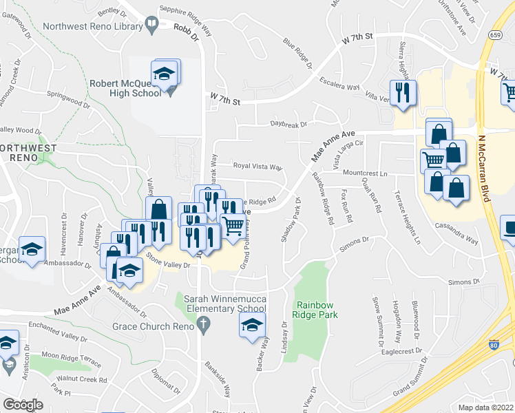 map of restaurants, bars, coffee shops, grocery stores, and more near 5876 Coyote Ridge Road in Reno