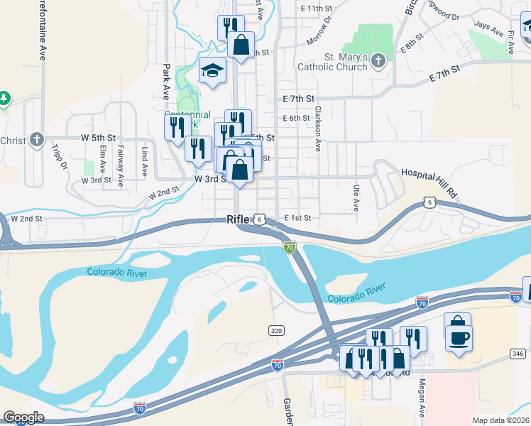 map of restaurants, bars, coffee shops, grocery stores, and more near Centennial Parkway in Rifle