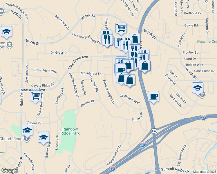 map of restaurants, bars, coffee shops, grocery stores, and more near 1799 Terrace Heights Lane in Reno
