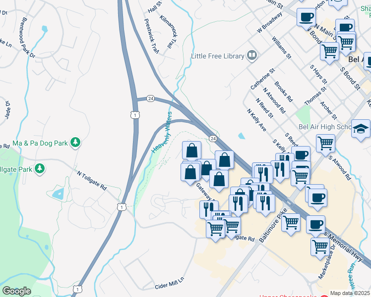 map of restaurants, bars, coffee shops, grocery stores, and more near 633 Wallingford Road in Bel Air