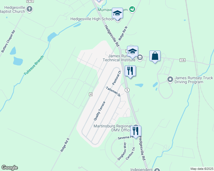map of restaurants, bars, coffee shops, grocery stores, and more near 381 Pastoral Court in Martinsburg