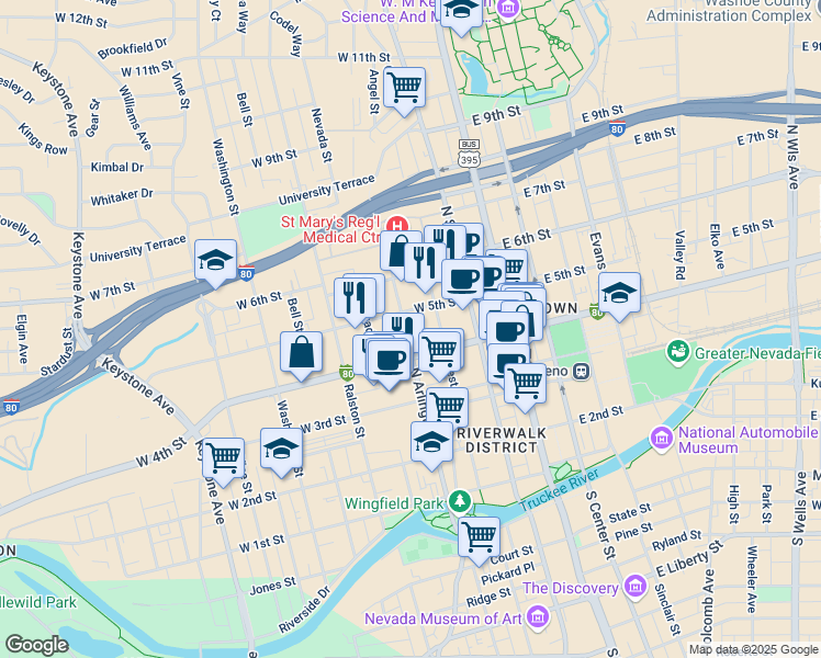 map of restaurants, bars, coffee shops, grocery stores, and more near 450 North Arlington Avenue in Reno