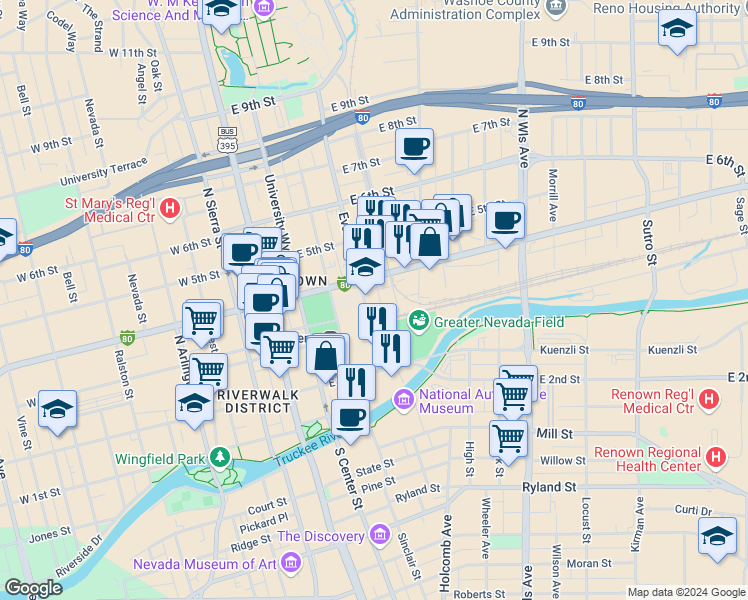 map of restaurants, bars, coffee shops, grocery stores, and more near 309 Evans Avenue in Reno