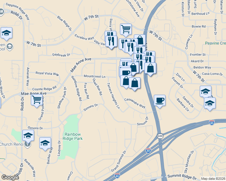 map of restaurants, bars, coffee shops, grocery stores, and more near 1799 Terrace Heights Lane in Reno
