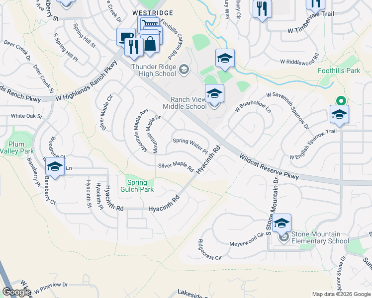 map of restaurants, bars, coffee shops, grocery stores, and more near 1721 Mountain Maple Avenue in Littleton