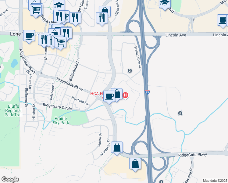 map of restaurants, bars, coffee shops, grocery stores, and more near in Lone Tree