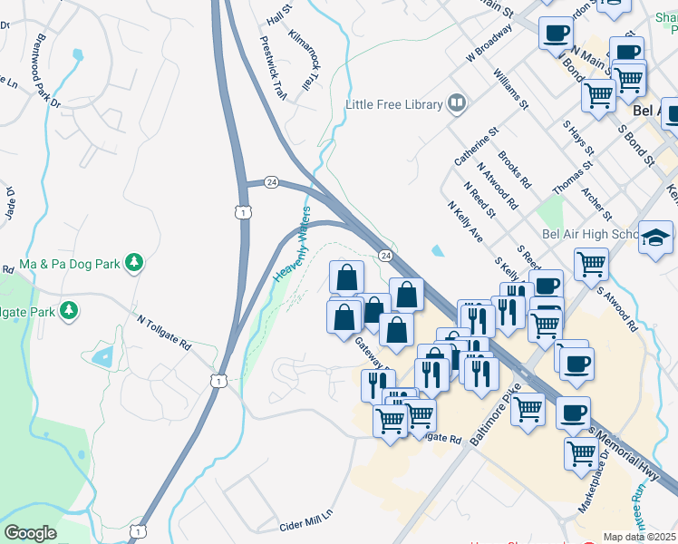 map of restaurants, bars, coffee shops, grocery stores, and more near 633 Wallingford Road in Bel Air