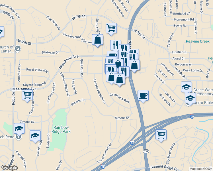 map of restaurants, bars, coffee shops, grocery stores, and more near 1806 Sierra Highlands Drive in Reno