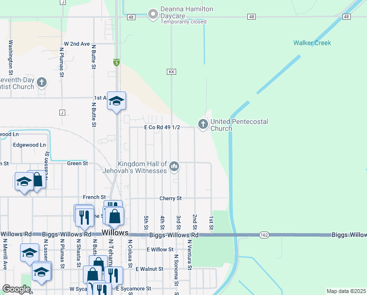 map of restaurants, bars, coffee shops, grocery stores, and more near 630 3rd Street in Willows