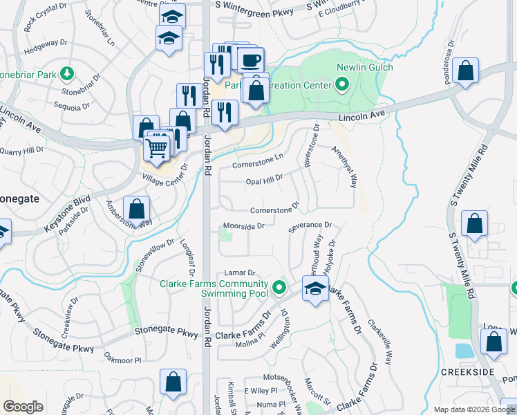 map of restaurants, bars, coffee shops, grocery stores, and more near 17151 Moorside Drive in Parker