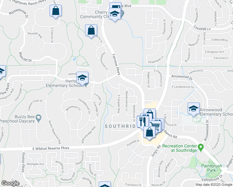 map of restaurants, bars, coffee shops, grocery stores, and more near 10101 South Fairgate Way in Littleton