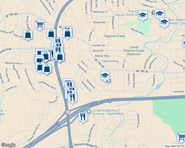 map of restaurants, bars, coffee shops, grocery stores, and more near 3480 Rauscher Drive in Reno