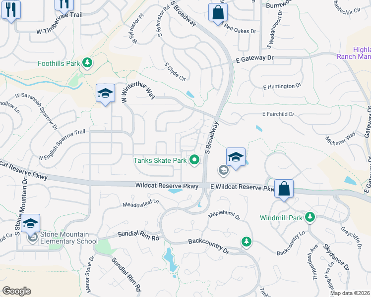 map of restaurants, bars, coffee shops, grocery stores, and more near 304 West Stellars Jay Drive in Littleton