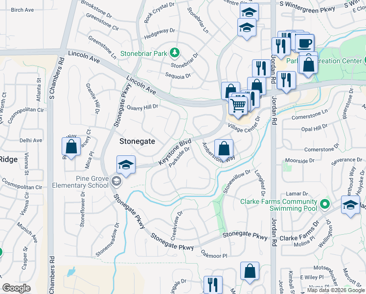 map of restaurants, bars, coffee shops, grocery stores, and more near 16432 Parkside Drive in Parker