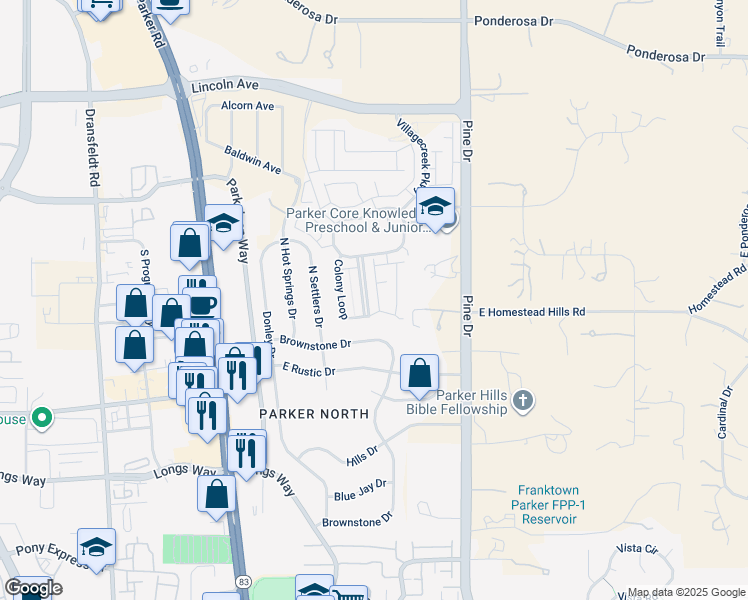 map of restaurants, bars, coffee shops, grocery stores, and more near 11545 Colony Loop in Parker