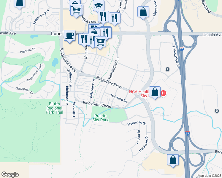 map of restaurants, bars, coffee shops, grocery stores, and more near 9521 Halstead Lane in Lone Tree