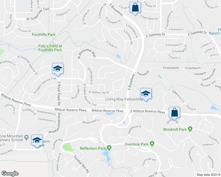 map of restaurants, bars, coffee shops, grocery stores, and more near 304 West Stellars Jay Drive in Littleton