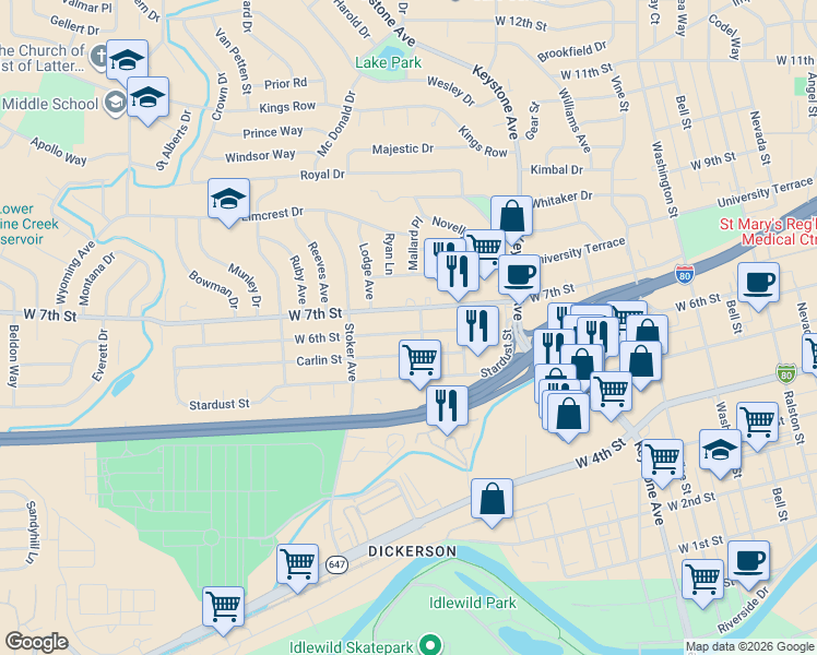 map of restaurants, bars, coffee shops, grocery stores, and more near 1405 Carlin Street in Reno