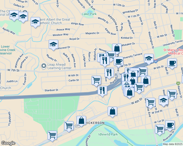 map of restaurants, bars, coffee shops, grocery stores, and more near 1565 Carlin Street in Reno