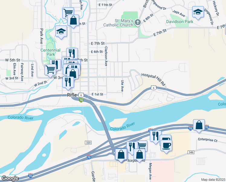 map of restaurants, bars, coffee shops, grocery stores, and more near 125 Ute Avenue in Rifle