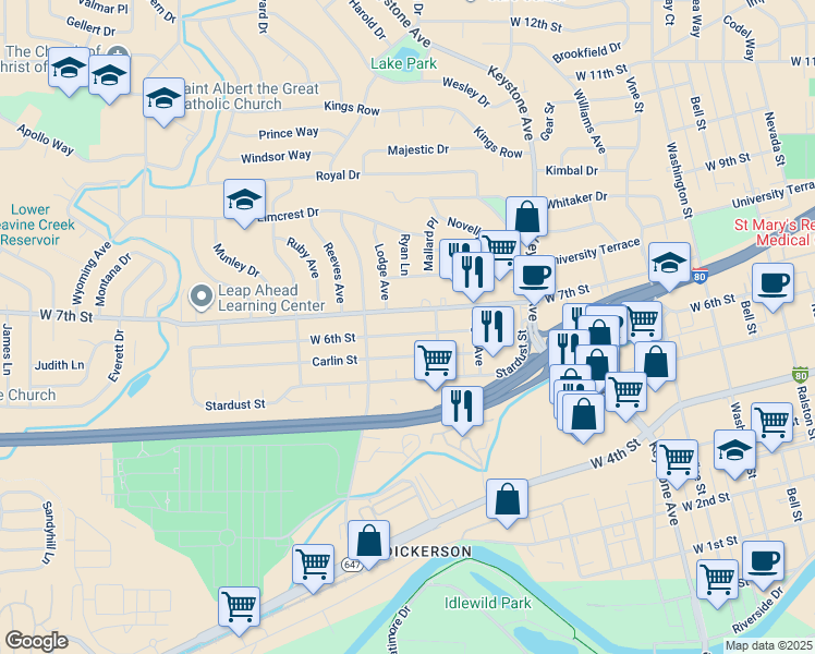 map of restaurants, bars, coffee shops, grocery stores, and more near 1555 West 6th Street in Reno