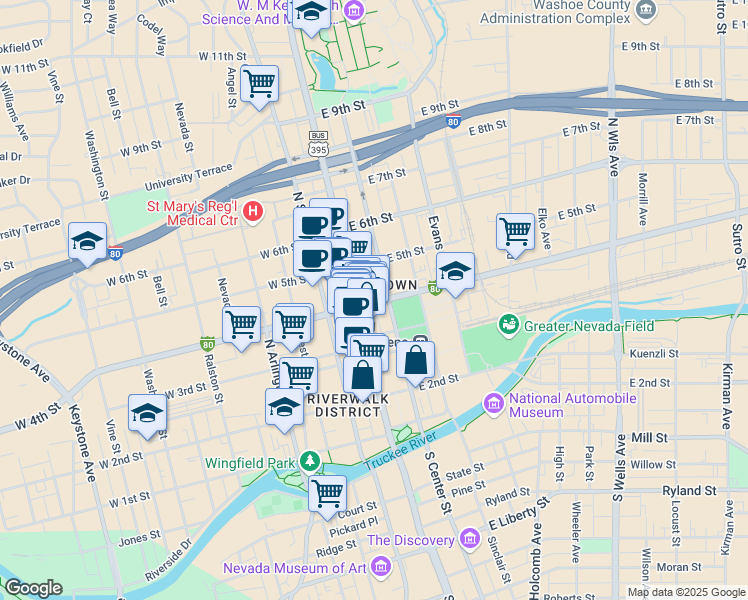 map of restaurants, bars, coffee shops, grocery stores, and more near in Reno