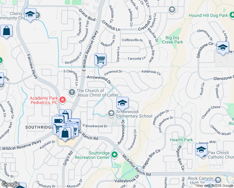 map of restaurants, bars, coffee shops, grocery stores, and more near 10251 South Rotherwood Circle in Littleton