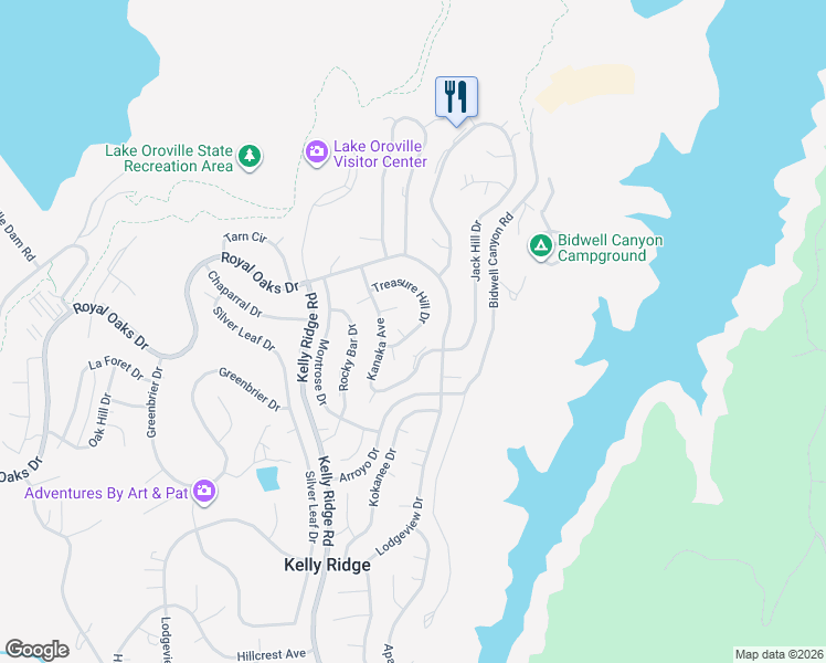 map of restaurants, bars, coffee shops, grocery stores, and more near Treasure Hill Drive in Oroville East