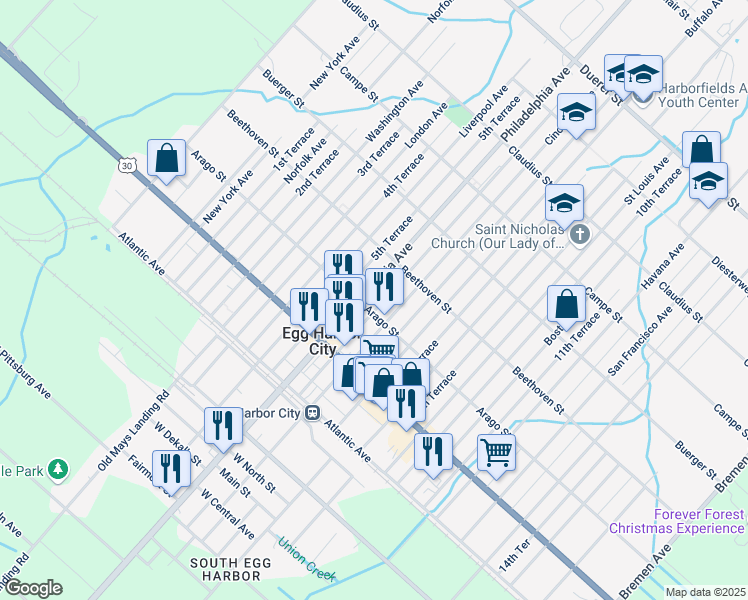 map of restaurants, bars, coffee shops, grocery stores, and more near 146-148 Philadelphia Avenue in Egg Harbor City