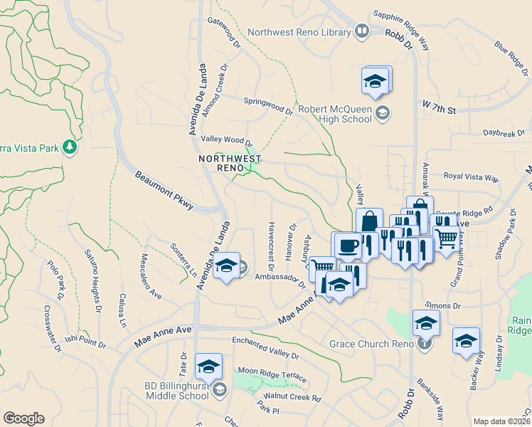 map of restaurants, bars, coffee shops, grocery stores, and more near 1722 Havencrest Drive in Reno