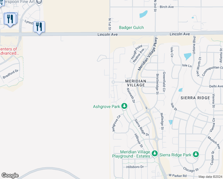 map of restaurants, bars, coffee shops, grocery stores, and more near 10221 Tall Oaks Street in Parker