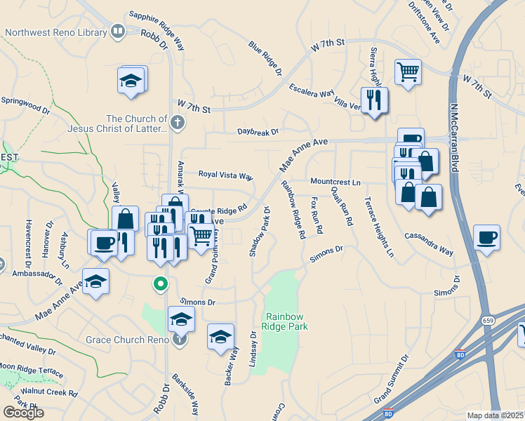 map of restaurants, bars, coffee shops, grocery stores, and more near 1721 Kristin Court in Reno