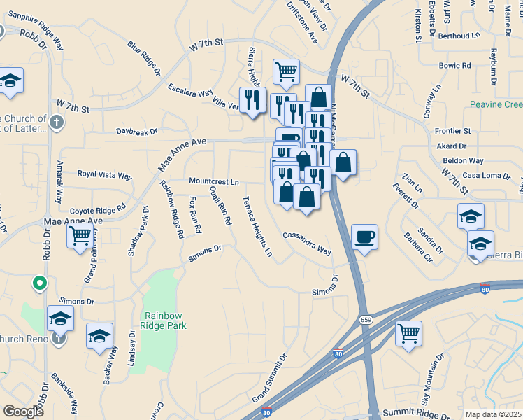 map of restaurants, bars, coffee shops, grocery stores, and more near 1799 Terrace Heights Lane in Reno