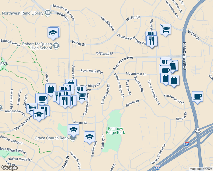 map of restaurants, bars, coffee shops, grocery stores, and more near 1721 Kristin Court in Reno