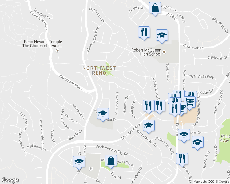 map of restaurants, bars, coffee shops, grocery stores, and more near 1722 Havencrest Drive in Reno