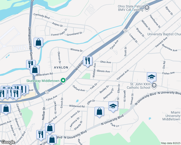 map of restaurants, bars, coffee shops, grocery stores, and more near 1606 Webber Avenue in Middletown