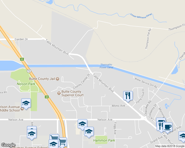 map of restaurants, bars, coffee shops, grocery stores, and more near 391 Table Mountain Boulevard in Oroville
