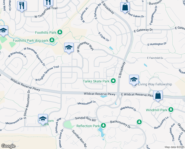 map of restaurants, bars, coffee shops, grocery stores, and more near 381 Kingbird Circle in Littleton
