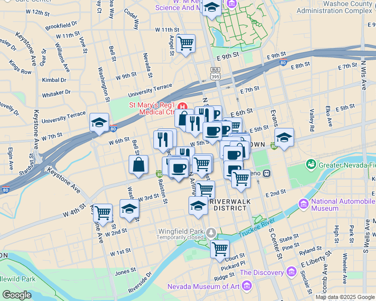 map of restaurants, bars, coffee shops, grocery stores, and more near 301 West 4th Street in Reno