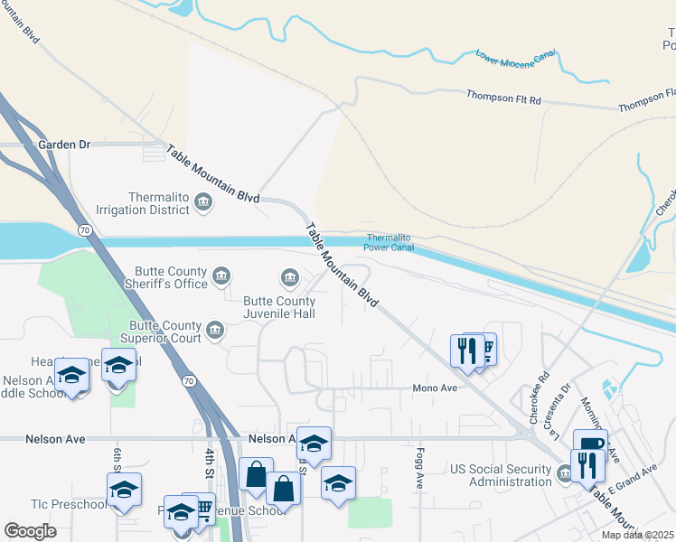 map of restaurants, bars, coffee shops, grocery stores, and more near Table Mountain Boulevard & Evanswood Circle in Oroville