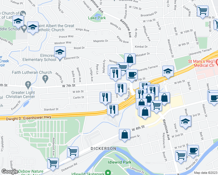 map of restaurants, bars, coffee shops, grocery stores, and more near 1385 West 6th Street in Reno