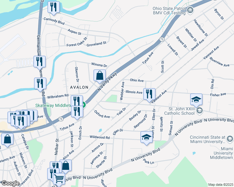 map of restaurants, bars, coffee shops, grocery stores, and more near 1606 Webber Avenue in Middletown