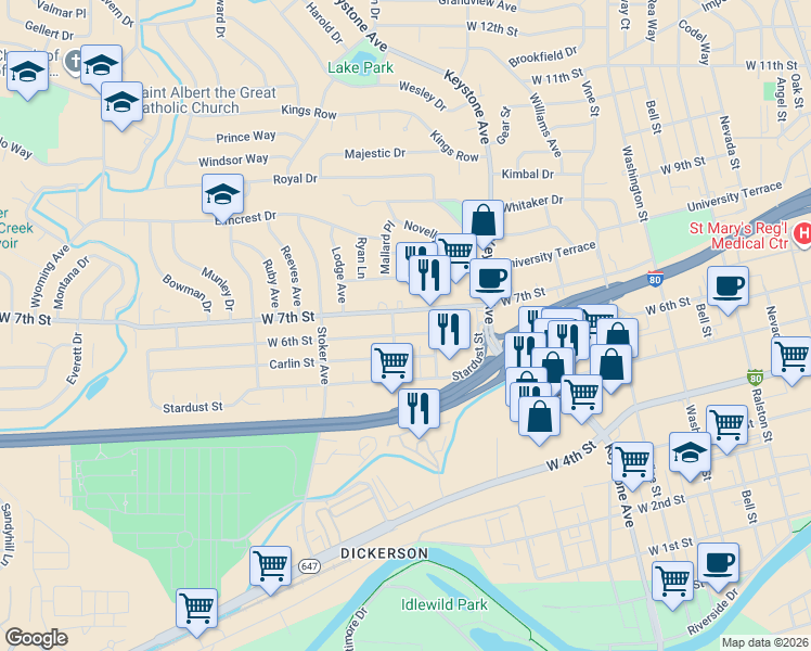 map of restaurants, bars, coffee shops, grocery stores, and more near 1445 West 7th Street in Reno