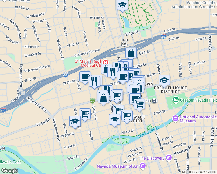 map of restaurants, bars, coffee shops, grocery stores, and more near 450 North Arlington Avenue in Reno