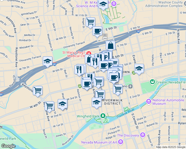 map of restaurants, bars, coffee shops, grocery stores, and more near 255 West 5th Street in Reno