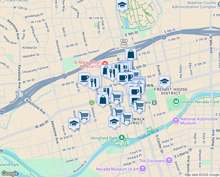 map of restaurants, bars, coffee shops, grocery stores, and more near 255 West 5th Street in Reno